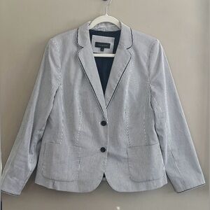 Talbots Stripe Piped Blazer on white with navy pinstripe size 12